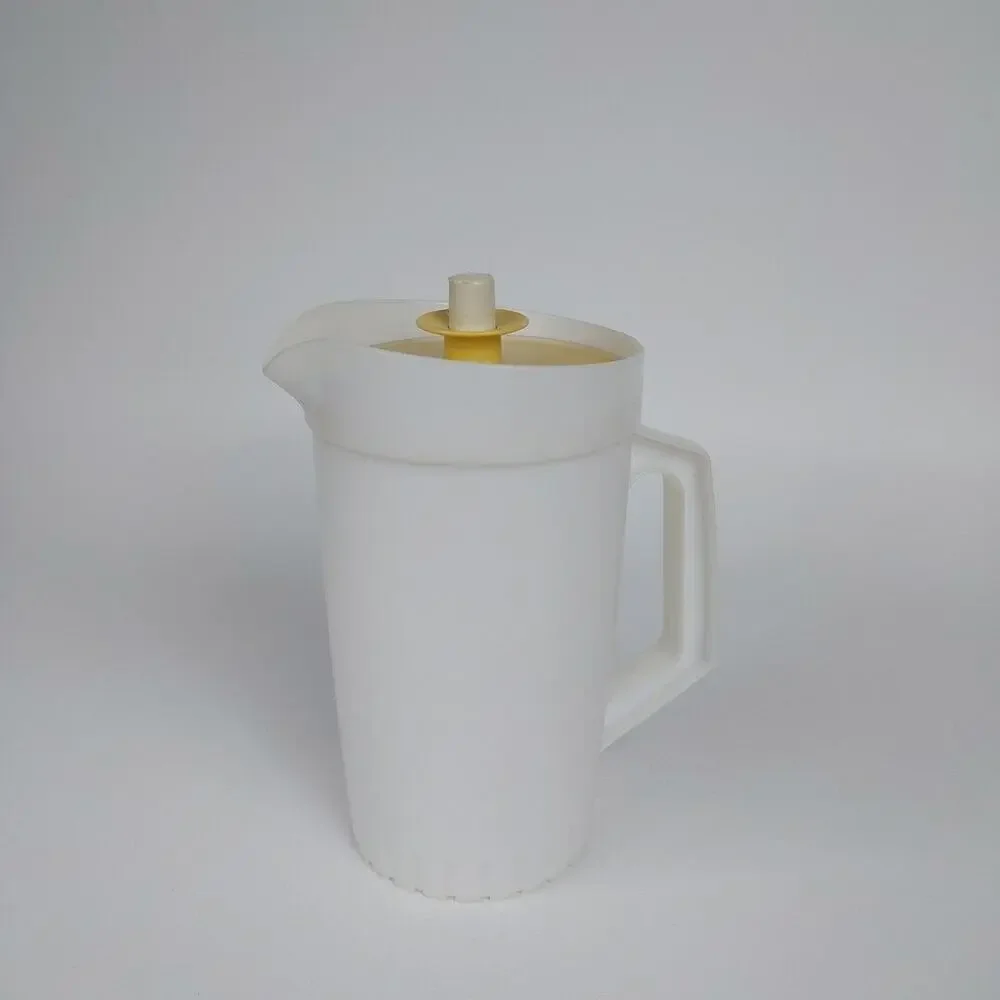 VTG 70s Almond Tupperware 1 Qt Pitcher Jug 874-6 w Push Button Harvest Gold Lid